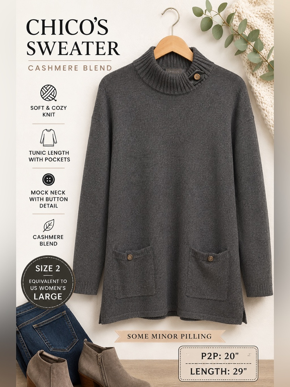 Chico's Size 2 L Gray Cashmere Blend Mock Neck Tunic Sweater Pockets